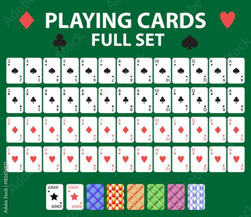 Playing cards full deck for poker, black jack. Collection with a joker and backs. Isolated on a green background. Vector illustration