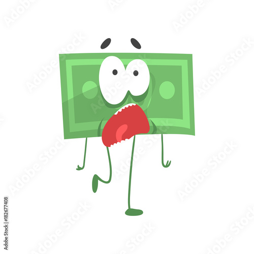 Cartoon green dollar with scared face expression. Funny money character with legs, arms and big eyes. Unit of currency. Flat design vector for sticker, print or mobile app