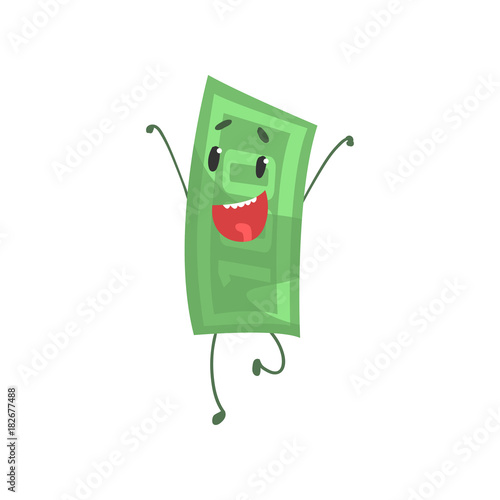 Cheerful hundred dollars character standing with hands up. Funny money icon. Isolated flat vector illustration. Graphic element for infographic, sticker or poster