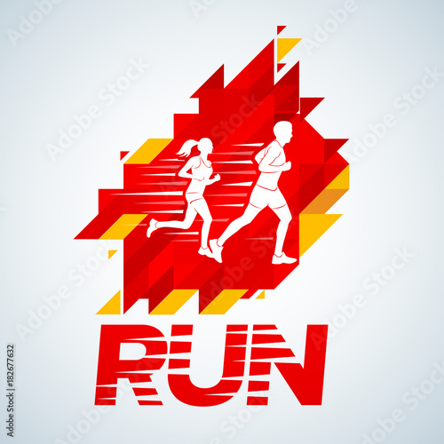 Vector template red colored emotions strips running man design, banner, web. Run club logo template. Sport logotype template, sports club, running club and fitness vector logo design template.