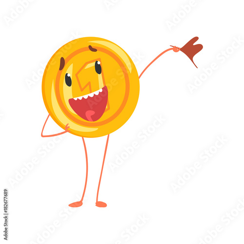 Friendly one cent character standing with flag in hand. Shiny coin icon. Cartoon penny in flat style. Isolated vector illustration for sticker, print, poster or mobile app