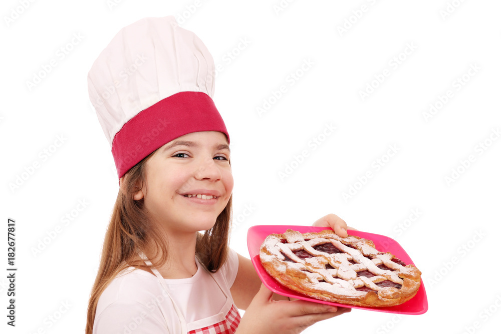 happy little girl cook with cherry pie dessert on plate happy little girl cook with cherry pie dessert on plate