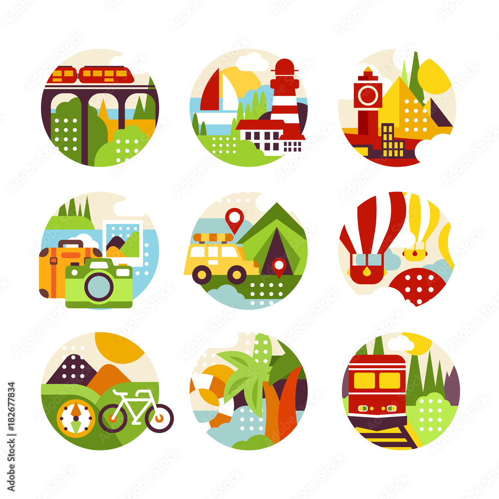 Collection of flat natural circle logo with landscape, city veiw and different types of vehicle. Design elements for travel agency or infographic Collection of flat natural circle logo with landscape, city veiw and different types of vehicle. Design elements for travel agency or infographic