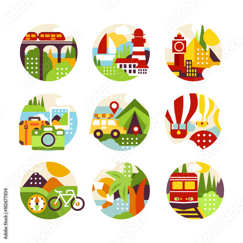 Collection of flat natural circle logo with landscape, city veiw and different types of vehicle. Design elements for travel agency or infographic © topvectors