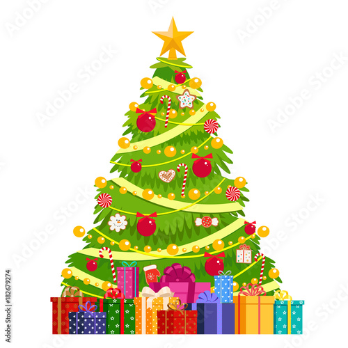 Christmas tree decorated with balls, gingerbread, garlands. Under the Christmas tree is a mountain of gifts. Isolated, vector object on white background.