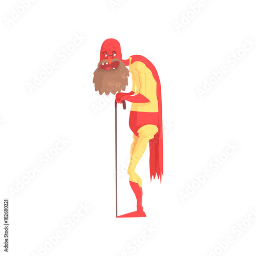 Funny superhero grandfather with walking stick. Elderly bearded man in retirement. Cartoon character in yellow costume with red cloak and mask. Isolated flat vector