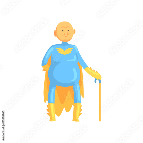 Cartoon bald and toothless old man character in costume with yellow cape, gloves and walking stick. Funny grandfather superhero in retirement. Isolated flat vector