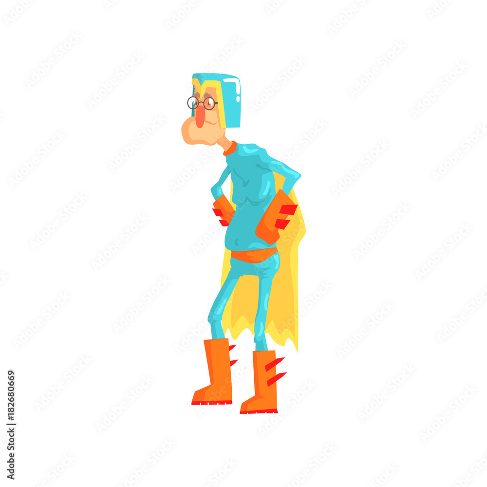 Cartoon elderly man dressed as superhero. Funny old character standing with arms akimbo in blue hero costume with helmet and yellow cape. Isolated flat vector Cartoon elderly man dressed as superhero. Funny old character standing with arms akimbo in blue hero costume with helmet and yellow cape. Isolated flat vector