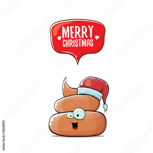 vector funny cartoon cool cute brown smiling poo icon with santa red hat and speech bubble isolated on white background. funky christmas character.