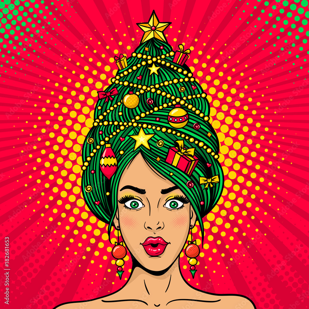 Wow pop art Christmas female face. Young sexy surprised woman with open  mouth and decorated New