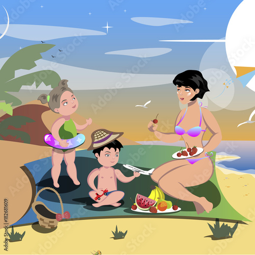 Mother with kids on ocean or sea beach