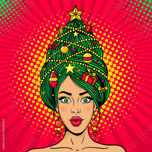 Wow pop art Christmas female face. Young sexy surprised woman with open mouth and decorated New Year tree on a head . Vector bright illustration in retro comic style. New Year party invitation poster.