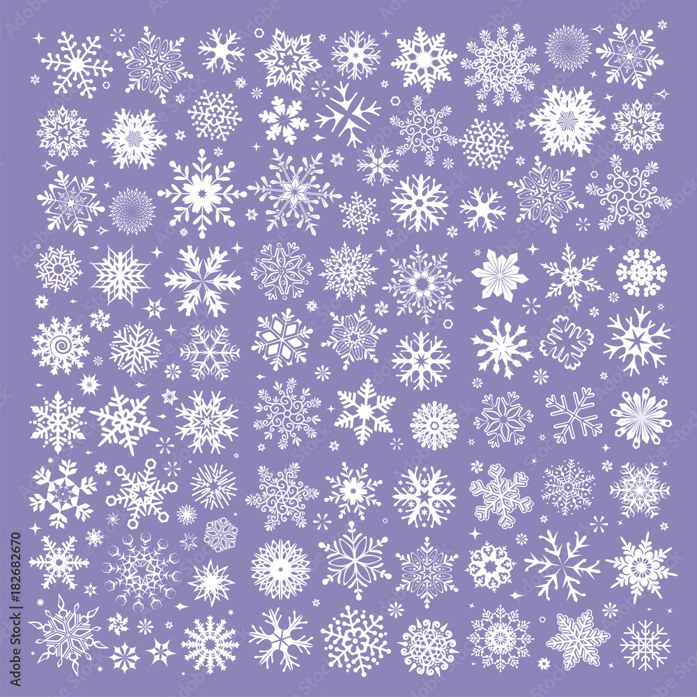 White snowflakes collection isolated on purple background