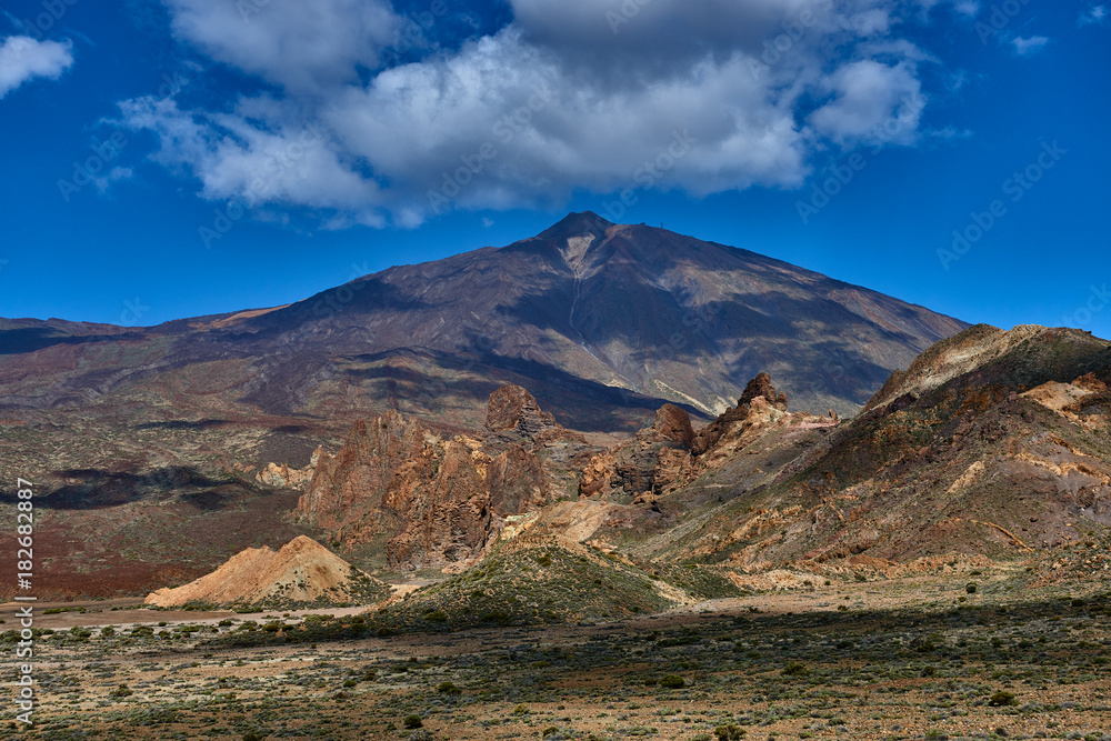 Volcano Teide and lava scenery in Teide National Park, Rocky volcanic landscape of the caldera of Teide national park in Tenerife, Canary Islands, Spain