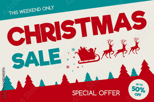 Christmas Sale banner with Santa Claus and trees. Vector.