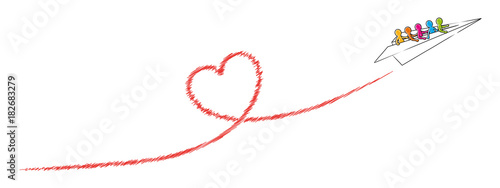 Papierflugzeug mit einer Gruppe Strichmännchen fliegt ein rotes Herz / Vektor-Zeichnung, freigestellt