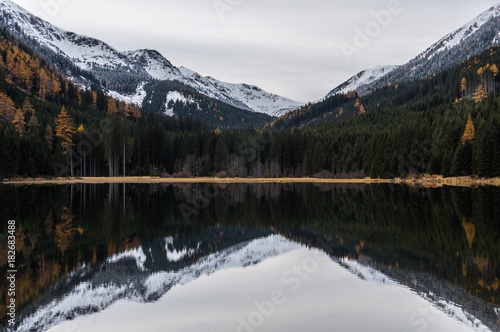 Beautiful, snow covered mountains reflecting in the crystal clear waters of the Ingeringsee