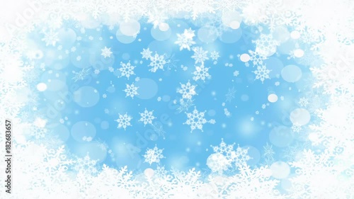 Frosty icy crystal Christmas frame with snowflakes falling, winter seasonal scene, white snow and frost, festive background with snowfall, abstract illustration, animation