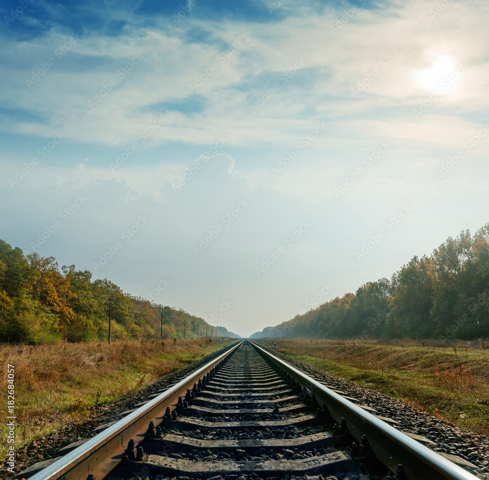 Fototapeta premium railroad closeup goes to horizon under cloudy sky with sun
