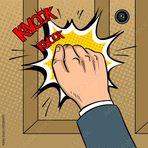 Hand knokning door pop art vector illustration