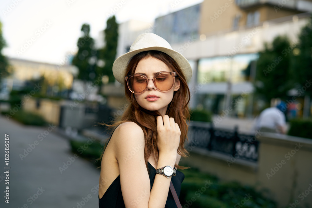 beautiful woman with glasses and hat, street, city, wristwatch, portrait beautiful woman with glasses and hat, street, city, wristwatch, portrait