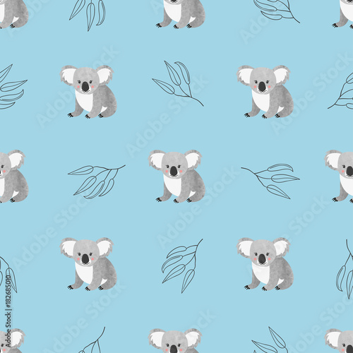 Seamless pattern with cute watercolor koala bears on blue. Vector background