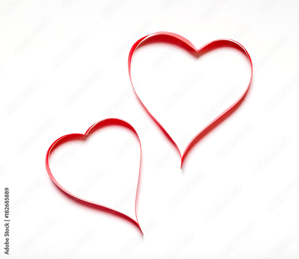Valentines day card red hearts made of ribbon on white background. Valentines day card red hearts made of ribbon on white background.