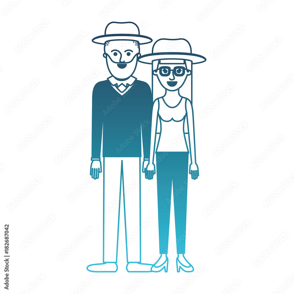 couple in degraded blue silhouette and both with hat and him with beard and sweater and pants and shoes and her with glasses t-shirt sleeveless and pants and heel shoes with long straight hair vector couple in degraded blue silhouette and both with hat and him with beard and sweater and pants and shoes and her with glasses t-shirt sleeveless and pants and heel shoes with long straight hair vector