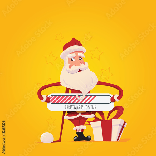 Happy Santa Claus with loading board.
Vector illustration on a yellow background. Christmas set with Santa Claus.
