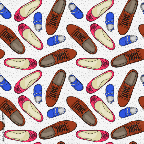Seamless pattern with the image of men's, women's and children's shoes