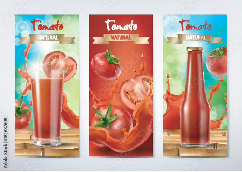 Tomato juice and ketchup ad. Drinking glass with juice and bottle with ketchup on background of whole and sliced tomatoes and splash of juice, realistic vector banners set. Package design template
