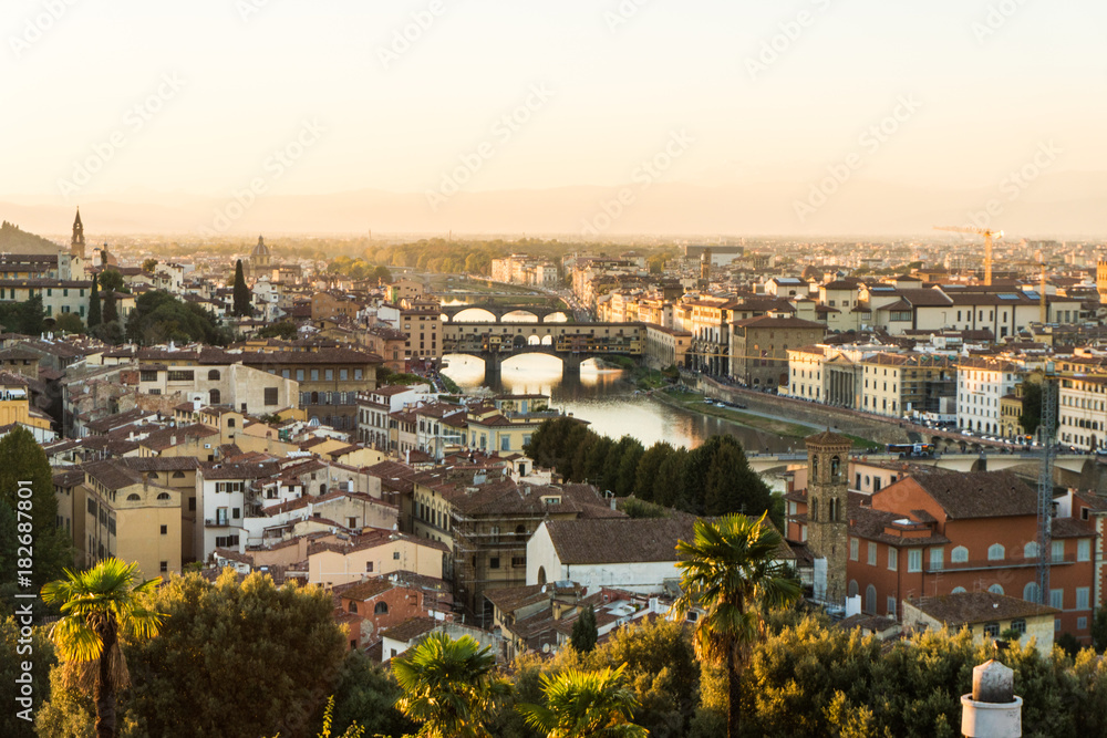 Florence, ITALY - October, 2017: Beautiful cityscape skyline of Firenze, Italy, with the bridges over the river Arno
