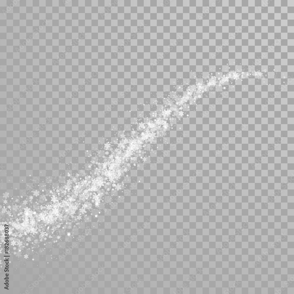 Fototapeta Bożenarodzeniowy iskrzasty płatka śniegu ogon połyskujące śnieżne cząsteczki z migotliwym lekkim skutkiem na białym przejrzystym tle. Wektorowy zima wakacje błyska zawijasa ślad magiczny rozjarzony confetti