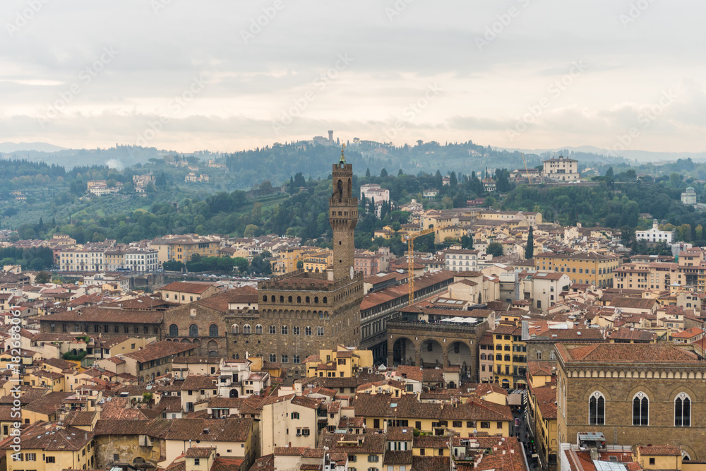 Florence, ITALY - October, 2017: Florence or Firenze aerial foggy cityscape.