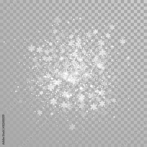 Christmas snow falling or sparkling snowflakes glitter confetti firework on white transparent background. Vector winter holiday snowfall sparkles light for New Year glowing magic design overlay effect