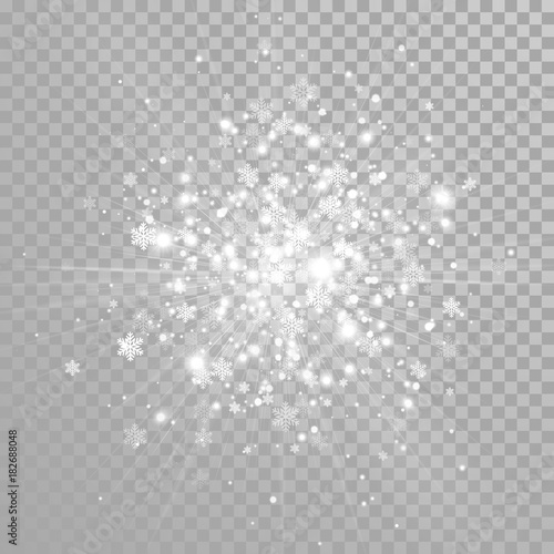 Christmas sparkling snow and glittering snowflakes confetti on white transparent background. Vector winter holiday sparkling glitter firework light effect for New Year festive glowing magic design