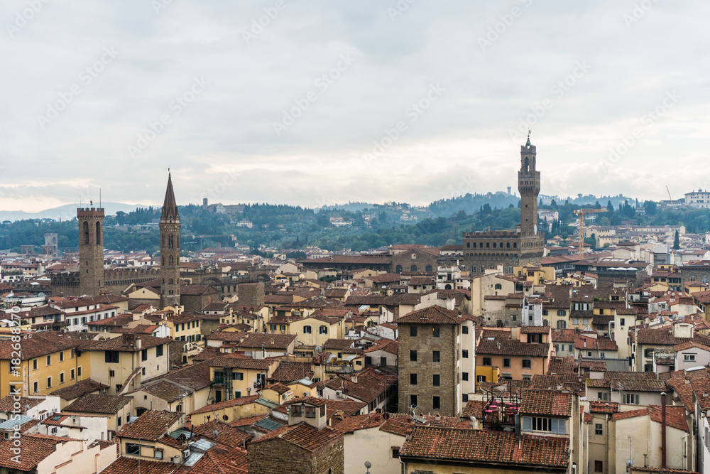 Florence, ITALY - October, 2017: Florence or Firenze aerial Florence Duomo. Basilica di Santa Maria del Fiore in Florence, Italy. Florence Duomo is one of main landmarks in Florence