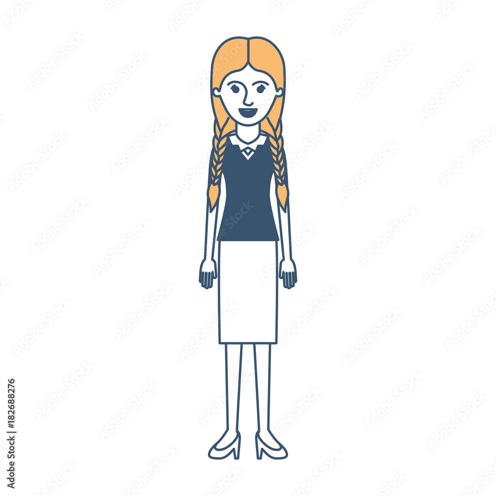 woman full body with blouse and skirt and heel shoes with braided hair in color sections silhouette vector illustration woman full body with blouse and skirt and heel shoes with braided hair in color sections silhouette vector illustration