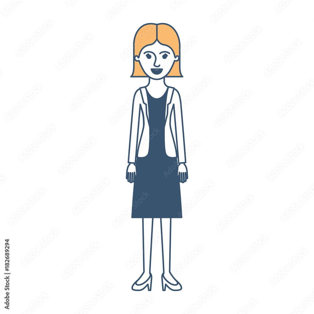 woman full body with blouse and jacket and skirt and heel shoes with short straight hairstyle in color sections silhouette vector illustration