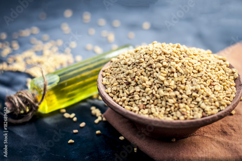 oil of Trigonella foenum-graecum,methi,fenugreek in a clay bowl with its seed. photo