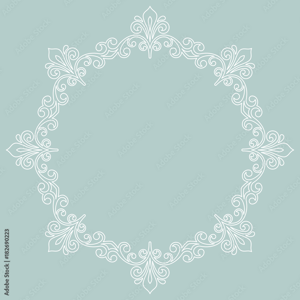Oriental vector round white frame with arabesques and floral elements. Floral border with vintage pattern. Greeting card with place for text