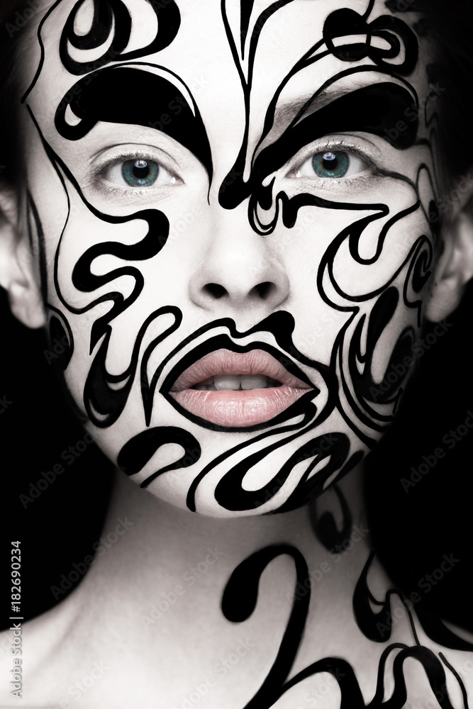 Beautiful Girl With Art Black And White Makeup And Nails Creative 