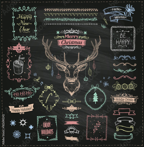 Chalk hand drawn Christmas and New Year sketch elements