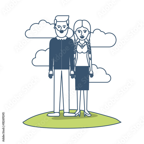 couple in color sections silhouette scene outdoor and him with beard and shirt and pants and shoes with side parted hairstyle and her with blouse and skirt and heel shoes with braided hair vector