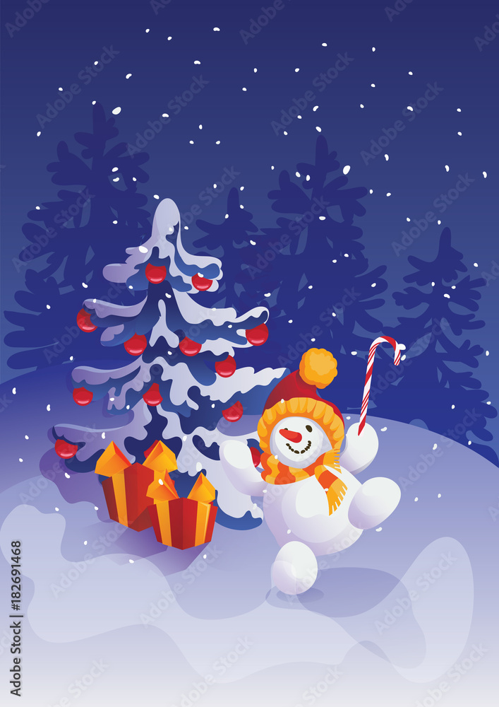 happy smiling jumping snowman with candy cane on winter forest scene background