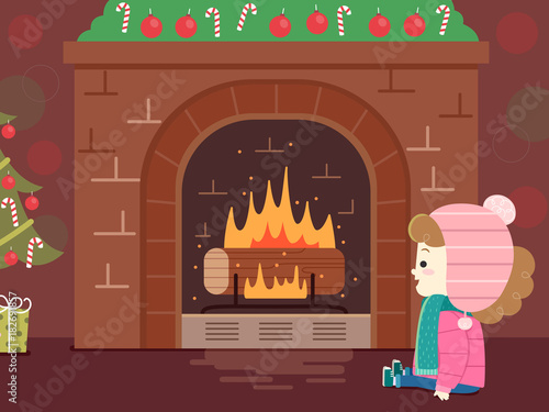 Kid Girl Jul Christmas Yule Log Illustration
