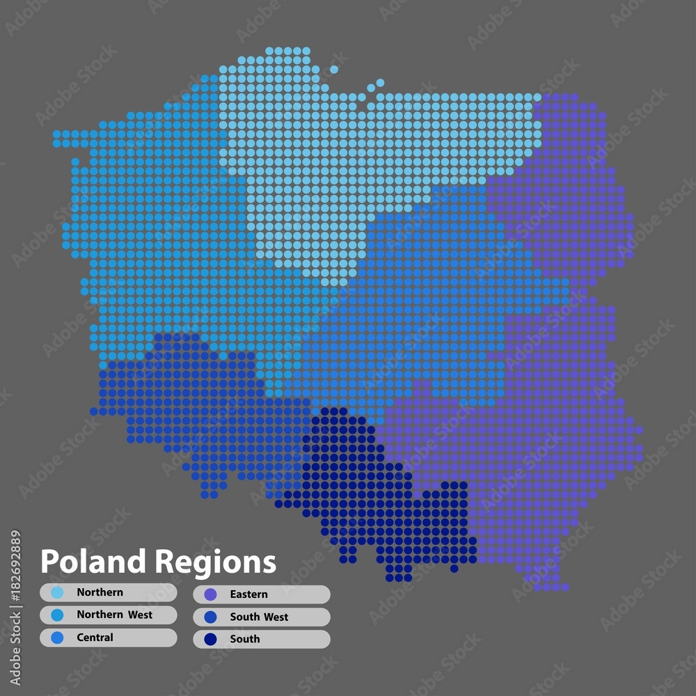 Poland Map of circle shape with the regions blue color in bright colors on white background. Vector illustration dotted style.