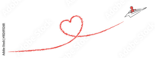 Papierflugzeug mit Strichmännchen fliegt ein rotes Kondesstreifen-Herz / Vektor-Zeichnung, freigestellt