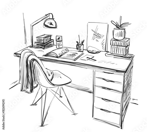 Table with a computer or workplace drawn by hand doodle style.