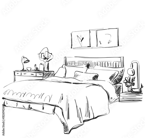 Bedroom interior sketch. Hand drawn furniture and bedclothes